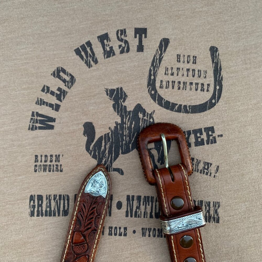 Vogt western hand tooled sterling silver acorn leaf embossed leather belt